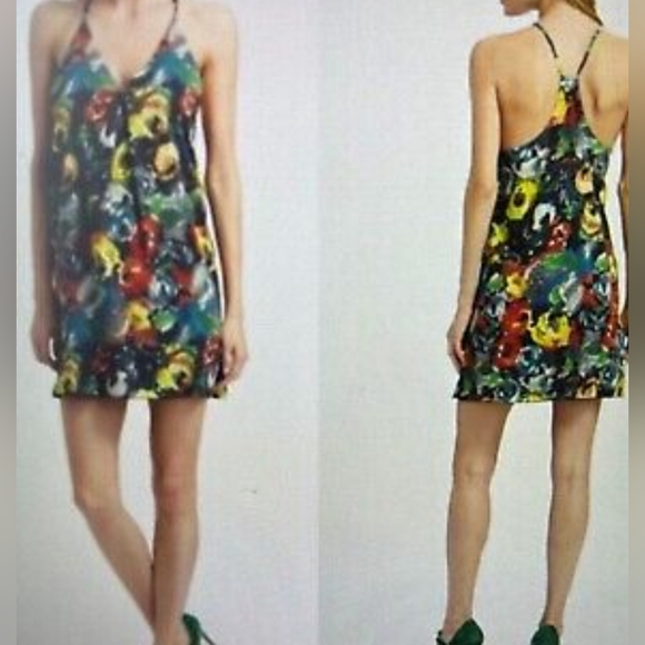 ALICE + OLIVIA FIERRA  ABSTRACT FLORAL SILK MINI DRESS - Picture 1 of 9
